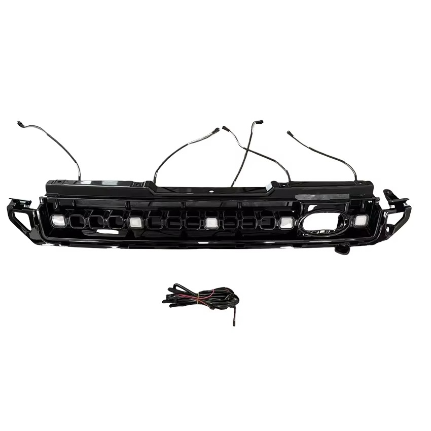 Gloss black Defender 90 and 110 front grille with white square LED lights
