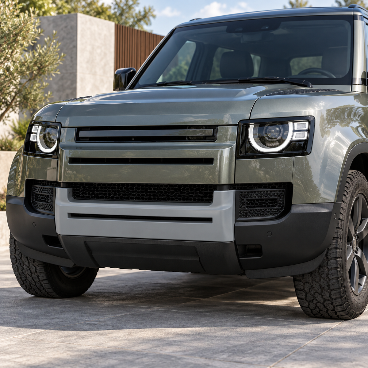 Primer-finish front bumper centre protector panel installed on a Defender L663