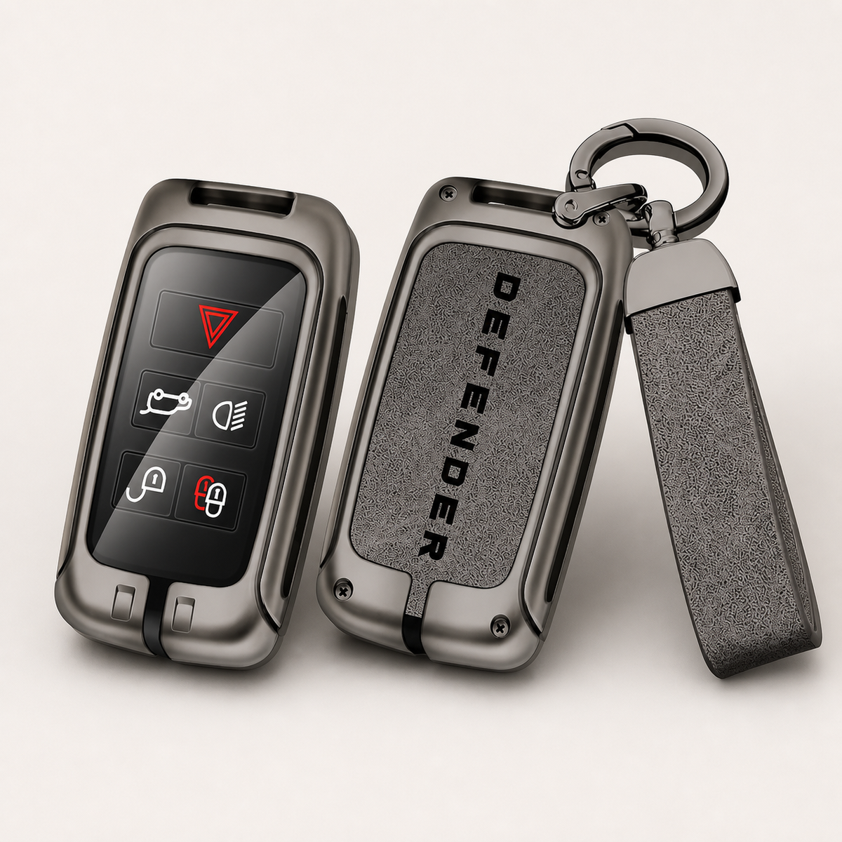 Defender compatible zinc alloy five-button key case in a clean studio setting