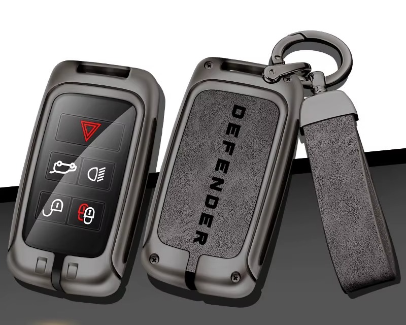 Defender compatible zinc alloy key case with grey insert and strap