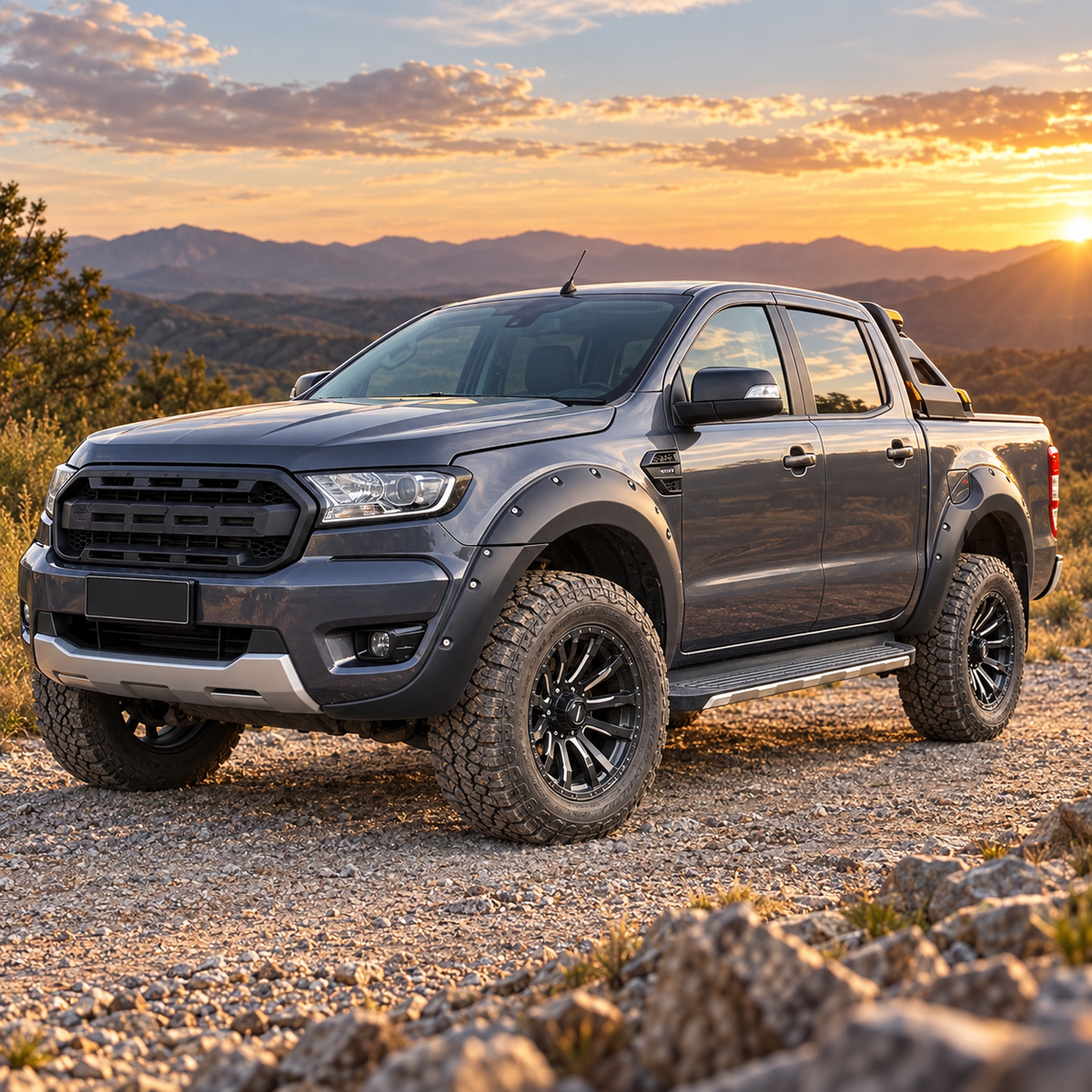 Ford Ranger T7 fitted with 9-inch matte black rivet-style fender flares