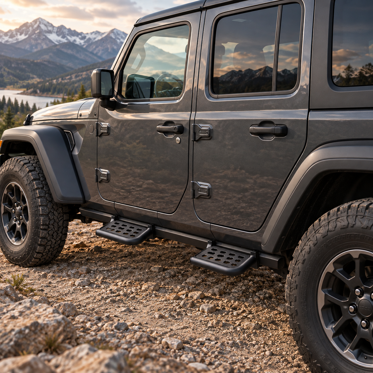Black carbon steel mini side steps installed on a four-door Jeep Wrangler